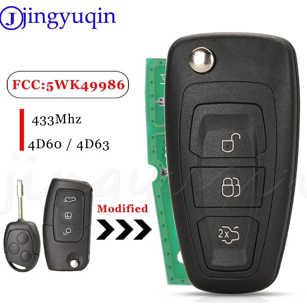 

jingyuqin 3Buttons Modified Remote Car key FO21 Blade For Ford Mondeo Focus Fiesta Transponder Chip 4D60 or 4D63 433Mhz