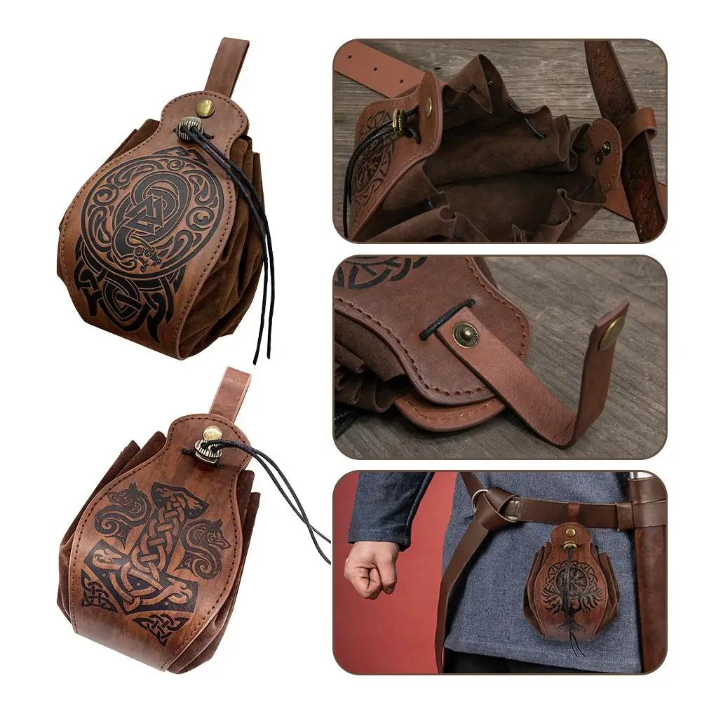 Genuine Leather DND Dice Bag Tray Medieval Viking Style Drawstring Bag Roleplaying Decoration Waist Bag Coin Purse Ideas Gift