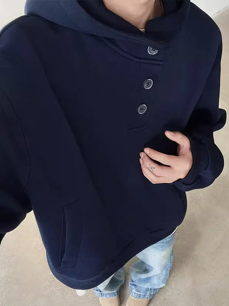 

Cobalt Blue Heavyweight High Collar Button up Men's Hoodie Autumn Winter Boxy Wide American High Street ort Couple's Hooded...