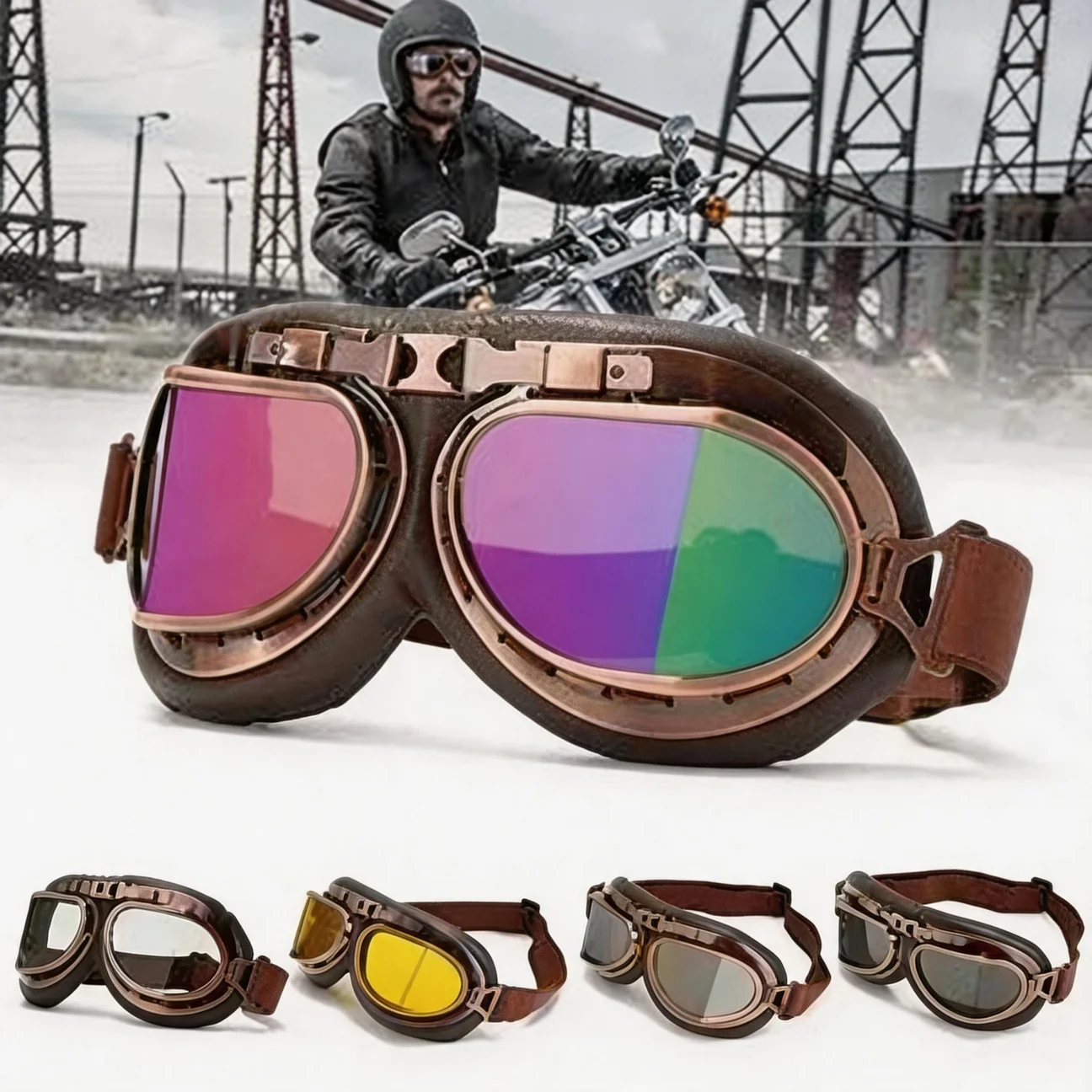 Steampunk Retro Motorcycle Goggles Aviator Goggles ATV Adjustable Strap Bicycle Helmet Glasses Outdoor Sports Angled Goggles