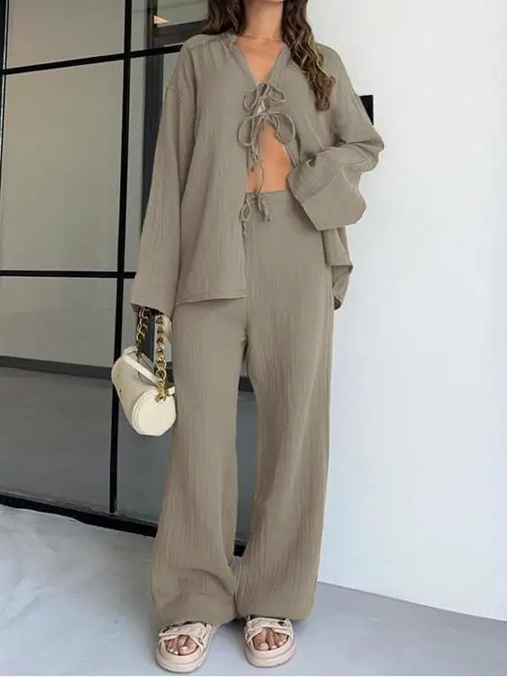 

Loose Long Sve Cardigan Top And Pants Set with Belt Casual Two-Piece Women's Faion Outfit Long Trousers Summer 2025