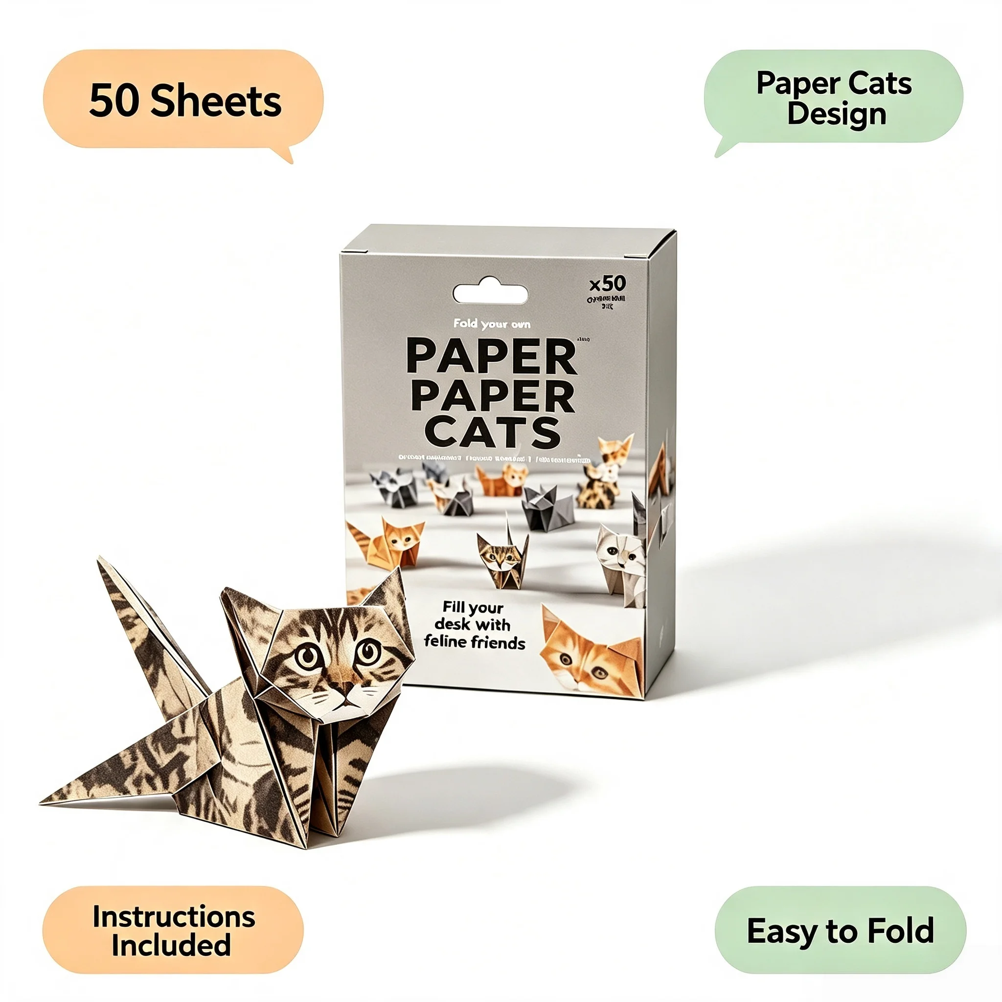 New Handmade DIY Paper Cat Animal Origami Set Leisure Puzzle Folding Origami Supplies 50 Sheets