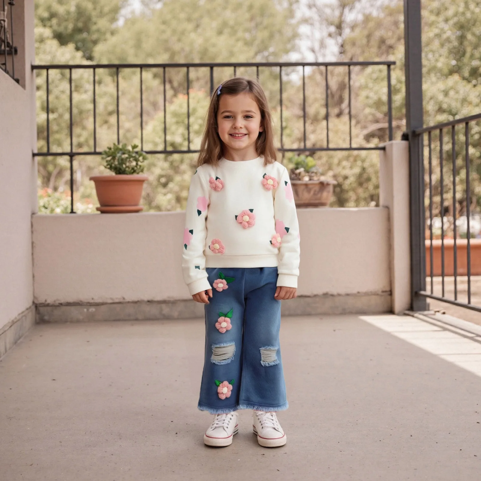 1-7Y Toddler Girls Spring Fall Outfits Crochet Flowers Long Sleeve Sweatshirt Tops Elastic Ripped Denim Flare Pants Set Clothing
