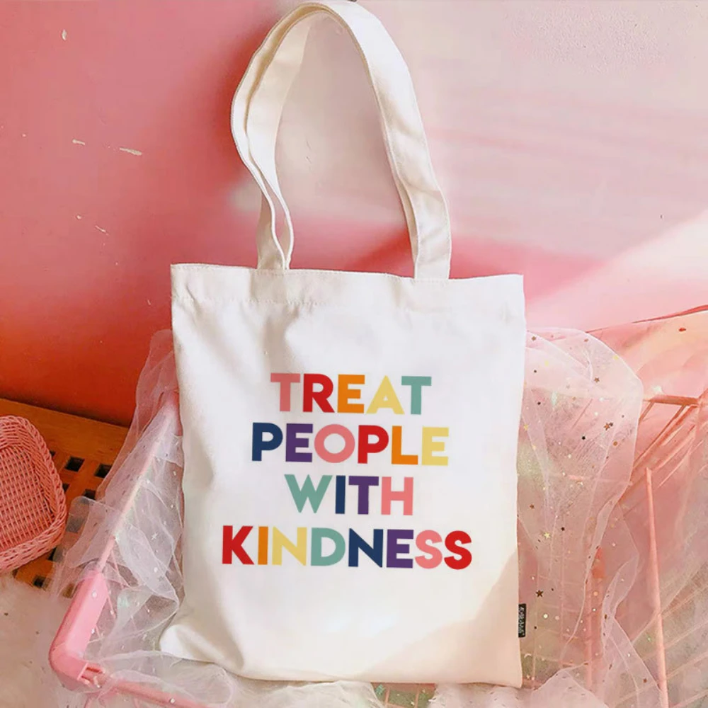 

"Treat People with Kindness" Slogan Canvas Tote Bag for Travel Commute School Shopping Yoga Eco Friendly Reusable Daily Use