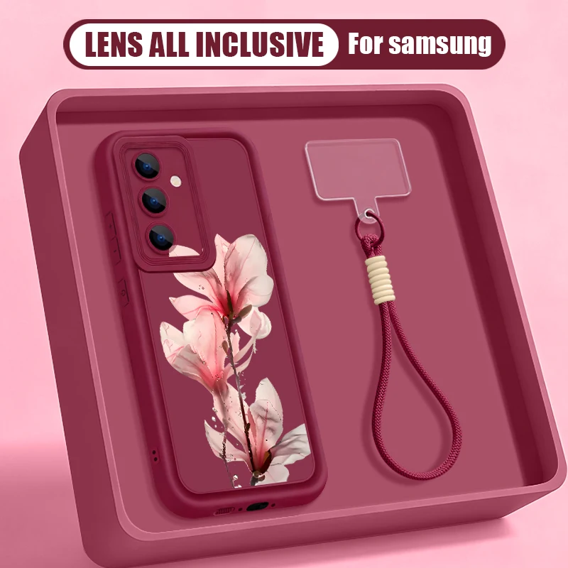Rosa Blumenmuster Handyhülle für Samsung Galaxy S26 S24 S23 S22 Ultra S25 FE A57 A37 A27 A56 A16 A17 A55 A15 A54 mit Lanyard