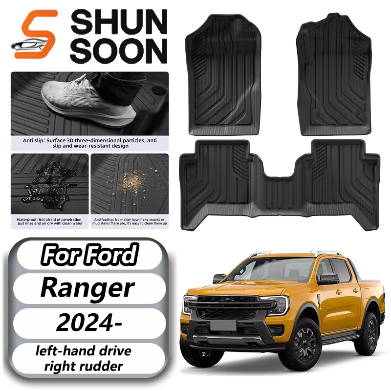 Для Ford Ranger 2024 2025 версии США, водонепроницаемый и грязезащищенный автомобильный коврик, черный комплект защиты коврика для ног из ТПЭ