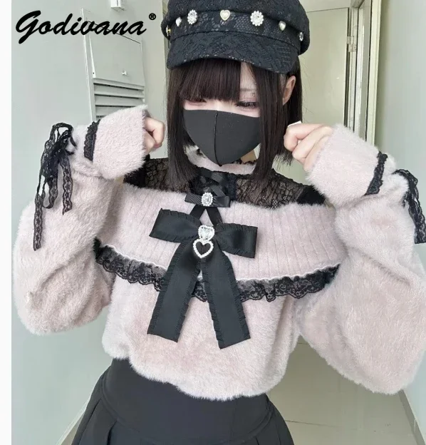 Japanese Mine New Autumn and Winter Off Shoulder Cute Bow Pullover Sweater Girl Women's Lolita Knitwear Top Fishtail Lace Skirt