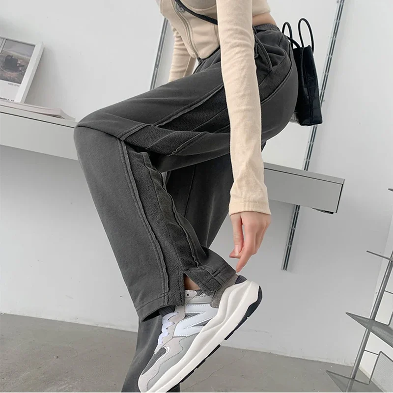 Patchwork Gray Pants Women Streetwear Elastic Waisted Chic Y2k Wide Leg Pants Ladies Korean Summer Bottoms Split Spring