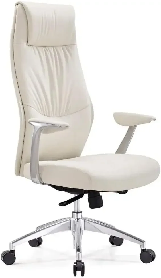 ZURI Modern Franklin Genuine Leather Adjustable Executive Chair with Aluminum Base - White computer chair