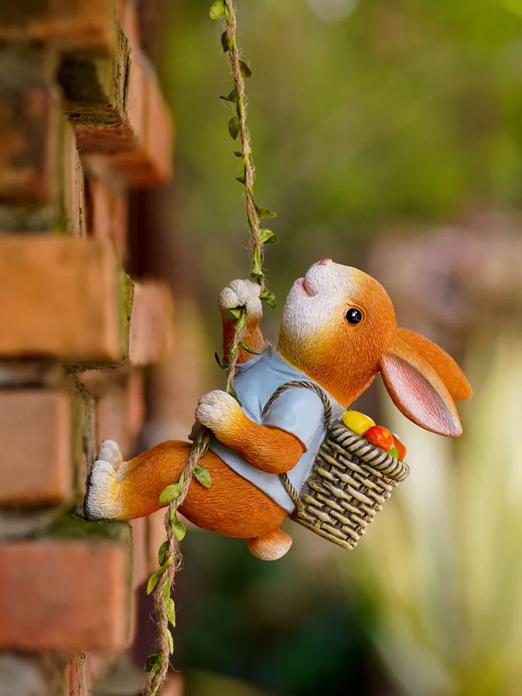 

New Cute Resin Rabbit Statue Carrying Food Climb Rope Outdoor Animal Sculpture For Home Office Garden Balcony Decor Craft Gift