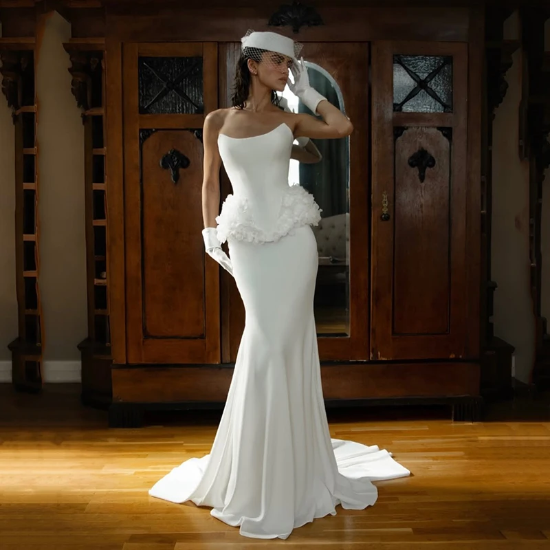 Robe de mariée sirène longue blanche, sans bretelles, Corset à fleurs au dos, robe de soirée de mariage, robes de bal personnalisées