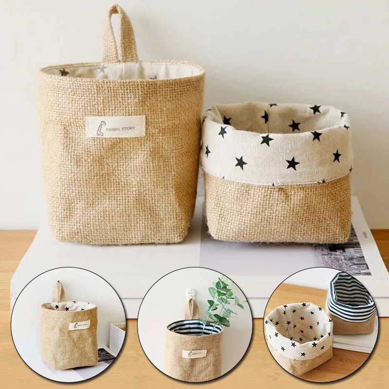 Wall Storage Bag Hanging Pocket Sundries Cosmetic Organiser Office Stationery Organizer Cotton Linen Storage Basket Bag