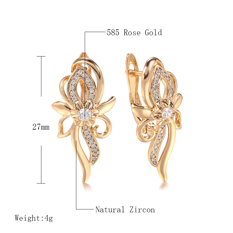 585 Rose Gold Clip Earrings Natural Cubic Zircon Hearts and Arrows Cut Hanging Ear Handmade Flower Party Jewelry Drop Earrings