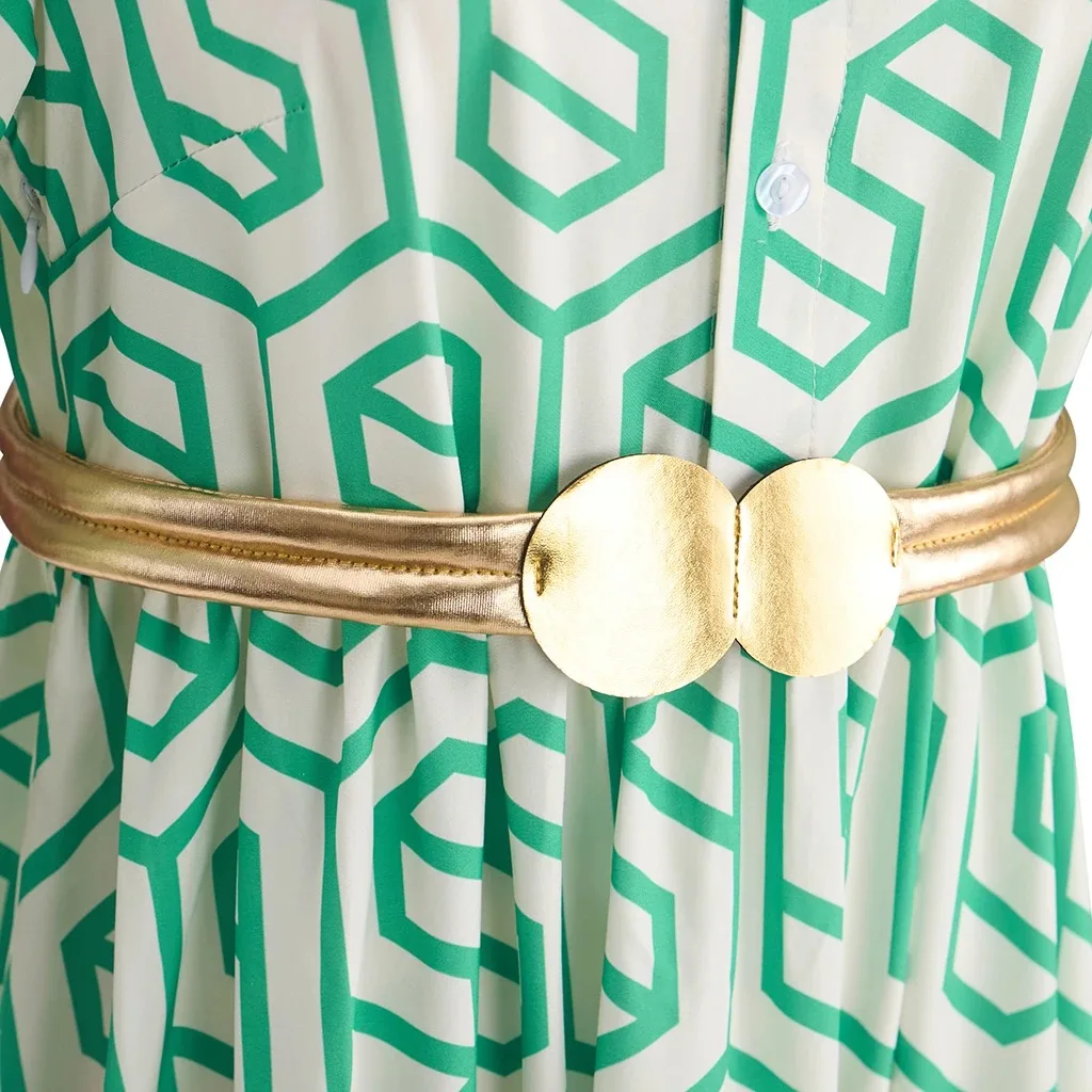 

Abbott Elementary Teacher Janine Teagues Косплей Костюм Зеленое платье с принтом и поясом для взрослых женщин Маскировочный костюм на Хэллоуин