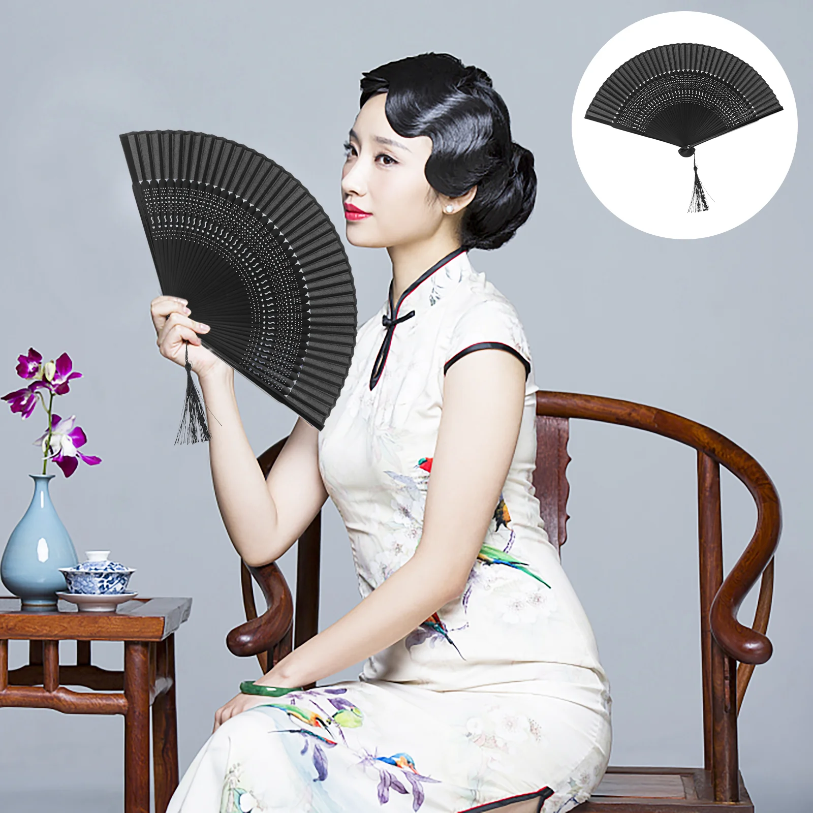 Fan Schwarz Folding Handheld Classic Retro Chinese Style Dance Party Prop Dancing Damen