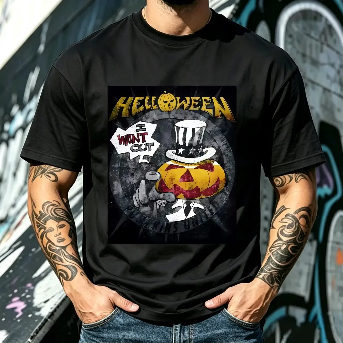 washed T Shirt HELLOWEEN 2018 Pumpkins United World Tour Medium I WANT OUT concert vintage Washed Breathable Comfortable