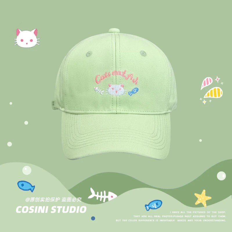 Ins Fresh Macaron Cute Cat Letter Embroidered Baseball Cap Y2K Spring and Summer Casual Sunscreen Sweet Beautiful Woman's Hat