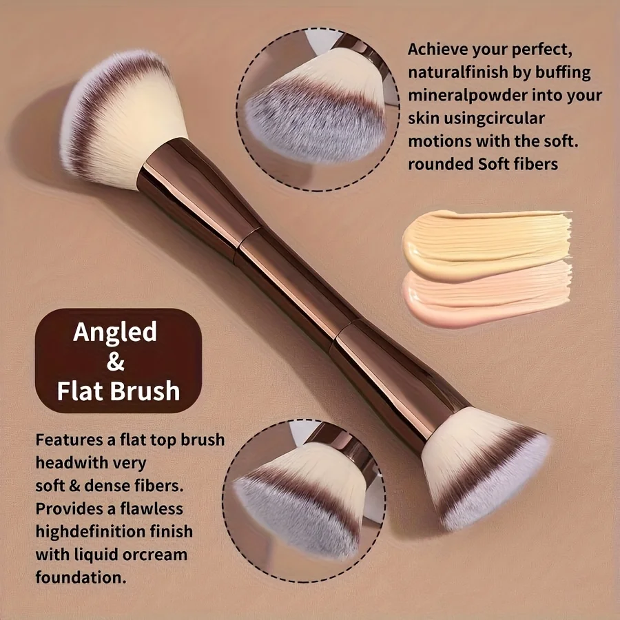 2 In 1 Double Ended Makeup Brush Aluminum Tube Handle Soft Synthetic Bristle Powder Blush Contour Highlight Bronzer Face Cosmeti