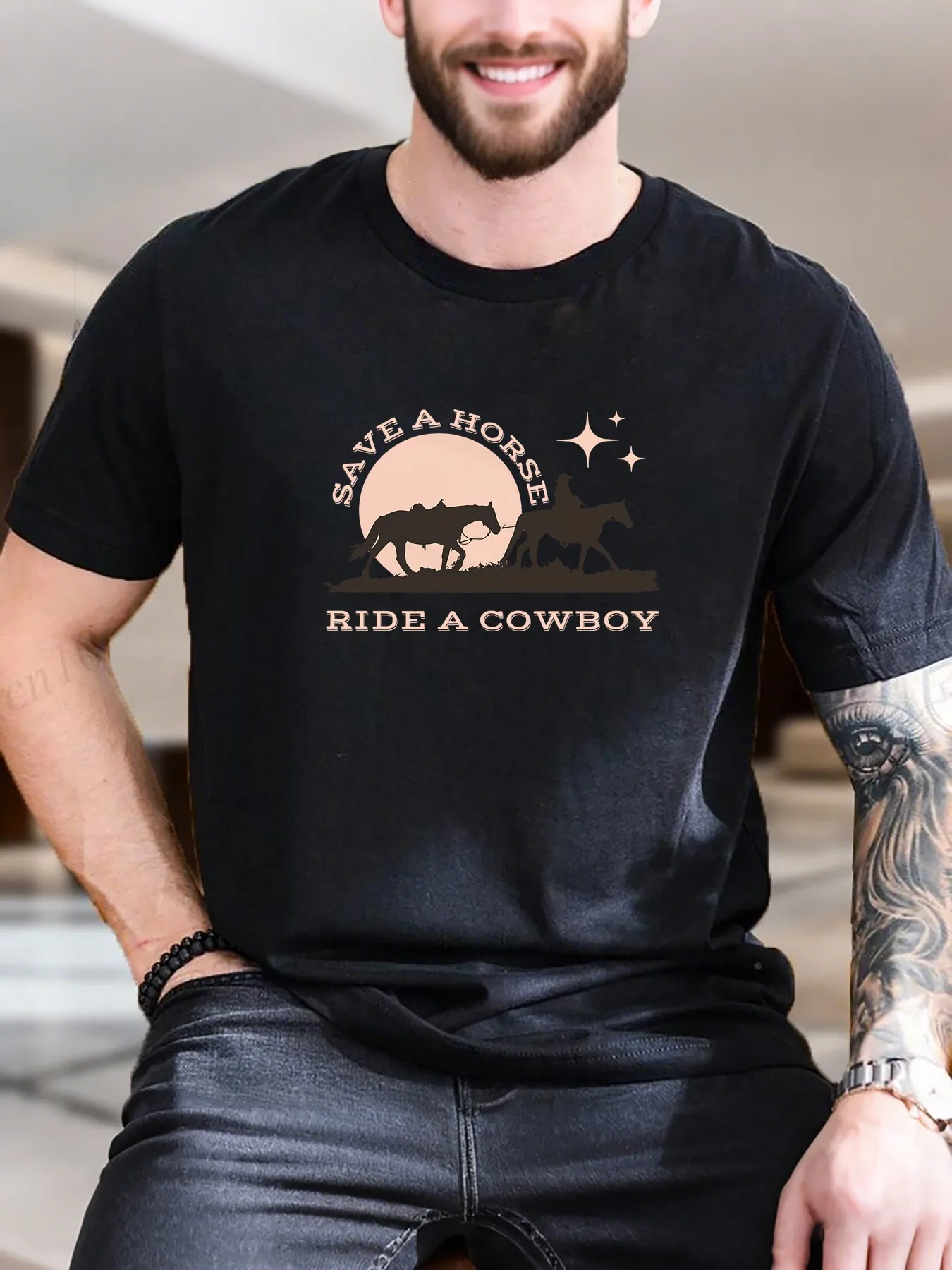 

Men's Printed Short Sleeve T-Shirt - Sunset Cowboy & Horse Silhouette Design, 100% Cotton Breathable & Soft, Casual Daily Wear C