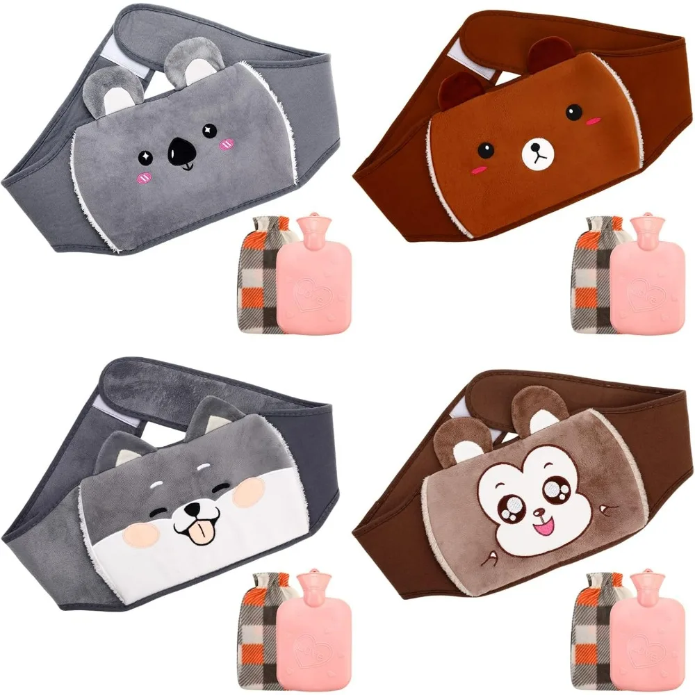 

4 упаковки мешков для горячей воды, 1 л, милый чехол для бутылки с горячей водой из ПВХ с крышкой и 42-дюймовым длинным теплым поясом, грелка