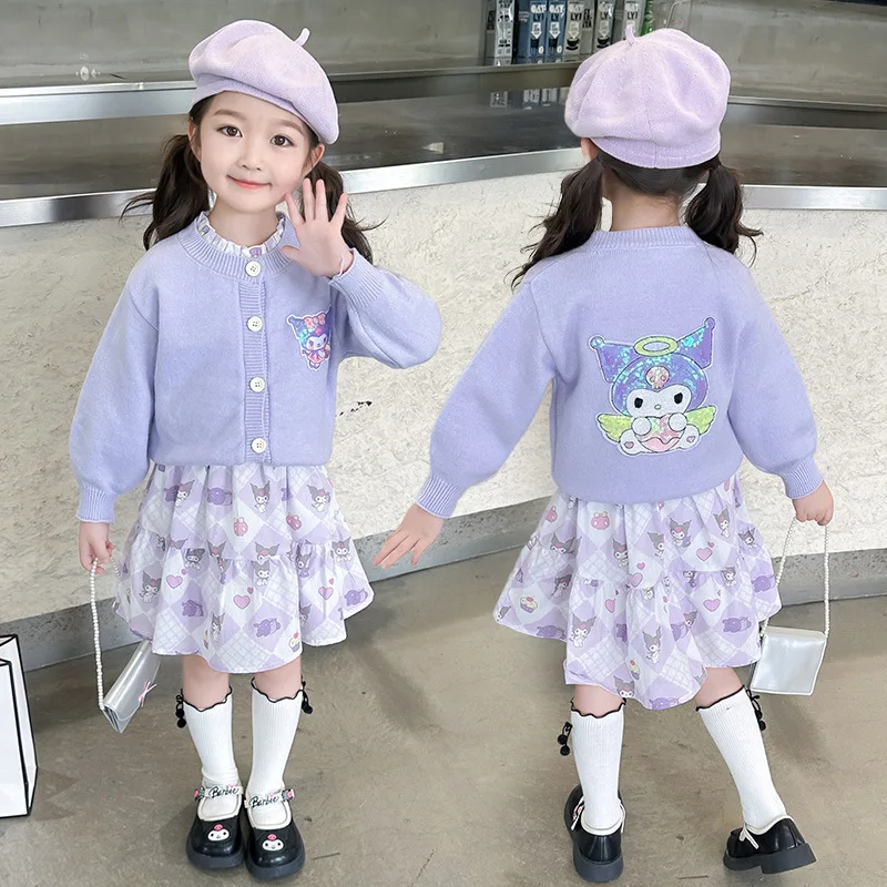 Girls Kuromi Cardigan Skirt Cartoon Sanrios Children Preppy Suit Cute Korean Style Jacket Dress Spring Autumn Children Clothes