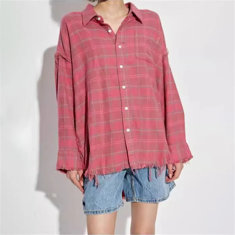 women's blouses trend 2024 Autumn New Plaid fringe women's shirt Wash water to make old pure cotton women's long sleeved top y2k