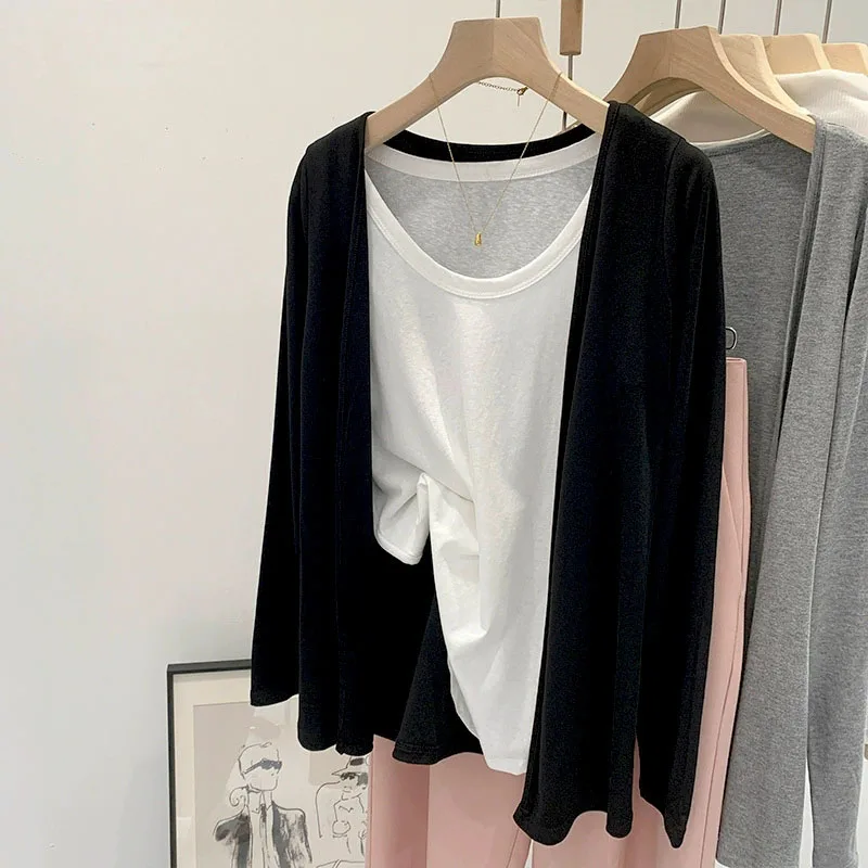 Autumn New Thin Knit Cardigan Women Long Sleeve Open Front Loose Soft Cardigans Outerwear Gray Simple Casual Coat