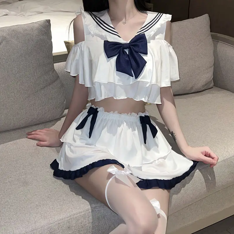 Sexy Lingerie Sailor Suit Academic Style White Shirt Hollow Design Fluffy Hemline Bow Trim Collocation Silk Stockings Gift