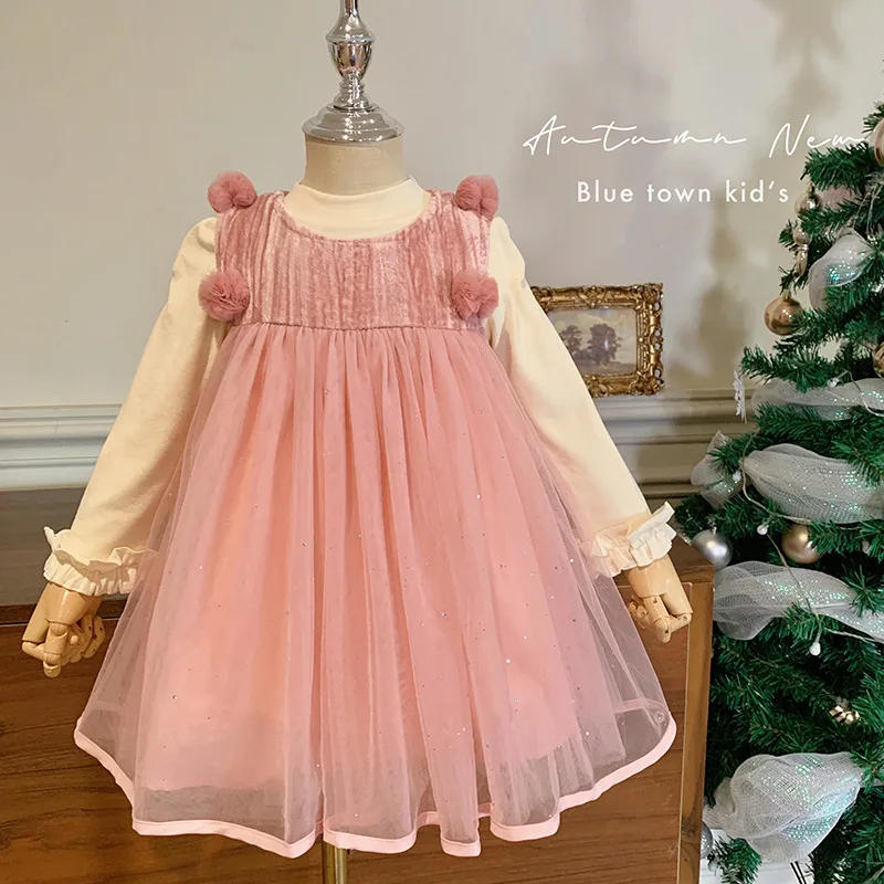 

Girl Dress Suit Children Dress Autumn and Winter Foreign Style 2023 Children Sweet Children Plus Velvet Suspenders Skirt Set