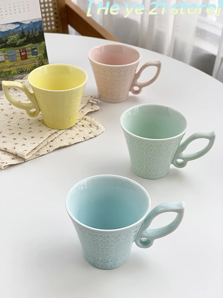 200ML/Macaron Relief Butterfly Cup, Ceramic Coffee Cup, French Ins Ceramic Retro Italian Espresso Straw Toppers for Tumblers