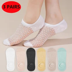 3 Pairs Boat Socks For Women Summer Thin Mesh Breathable Solid Color Socks Female Non-slip Invisible Shallow Crew Socks