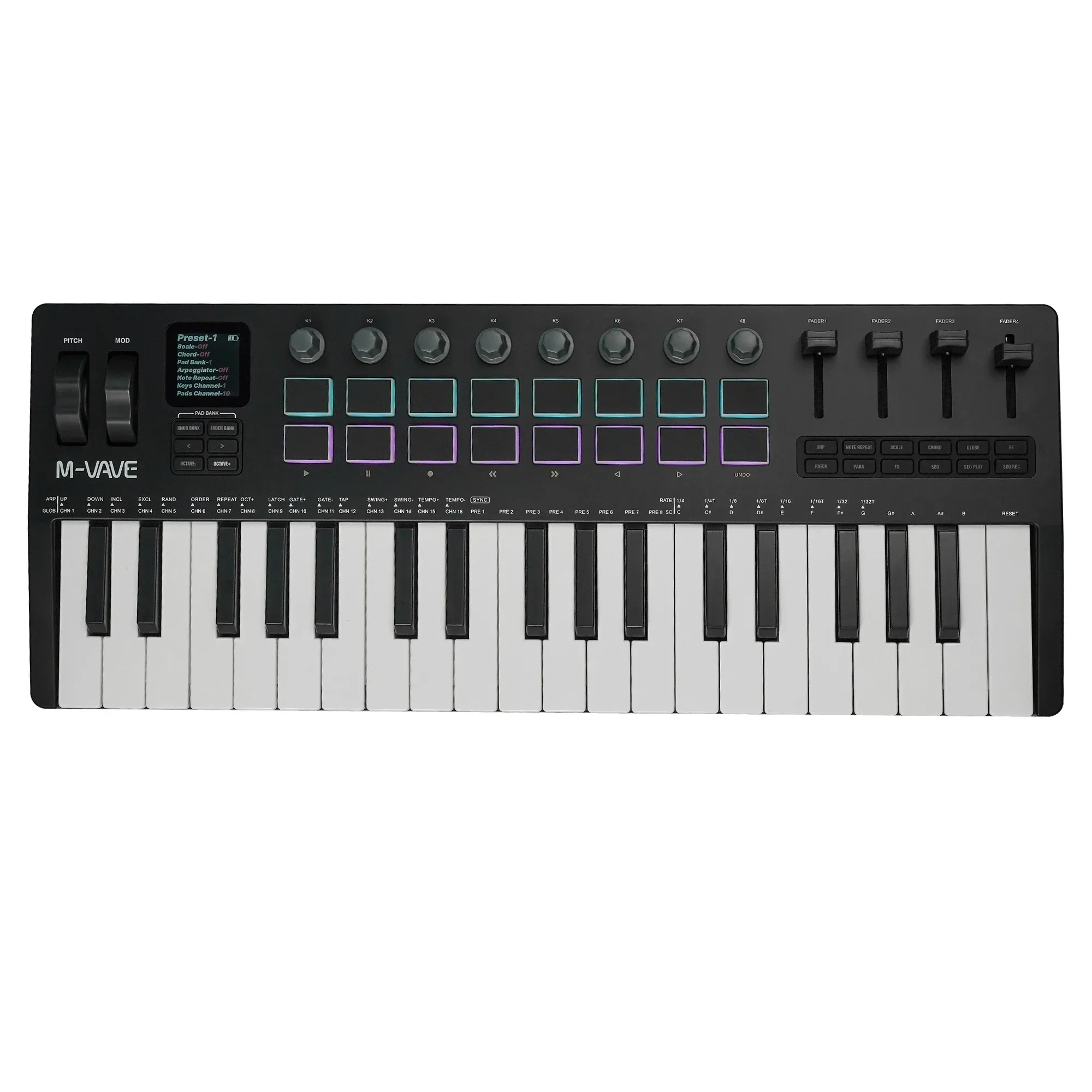 M-VAVE SMK-37 Pro toetsenbord 37-toetsen MIDI-controller ​   Met ingebouwde synth-motor 8 knoppen + 16 RGB-pads 37-toetsen MIDI-controller