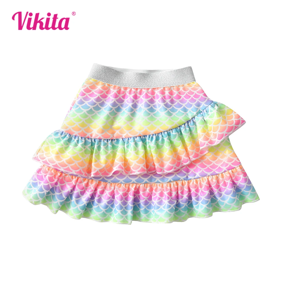 VIKITA Girls Mermaid Print Colorful Skirts Kids Ruffles Cute Fashion Layered Mini Ballet Skirt Girls Party Casual Princess Skirt