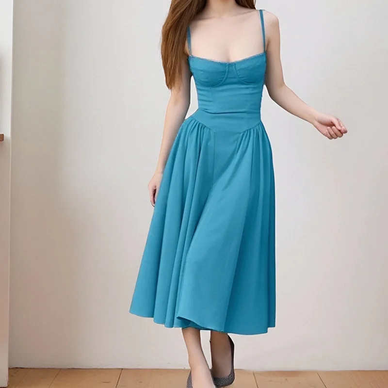 Spaghetti-Träger-Midikleid mit Herzausschnitt und Taschen, eleganter A-Linien-Schwingrock, formelles Abendkleid für Damen – Detail 9