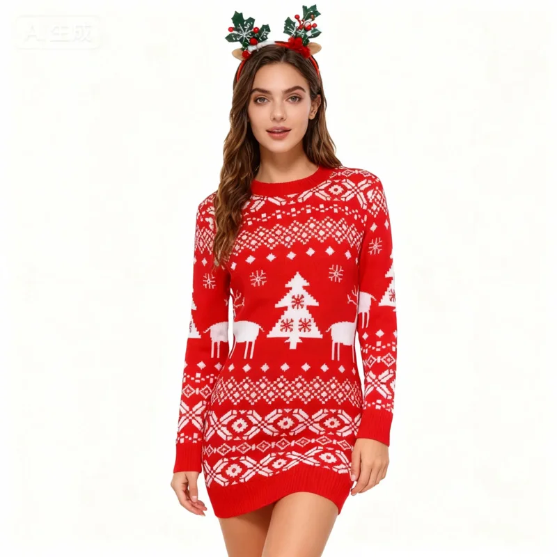 

Новое поступление женского рождественского красного вязаного платья-свитера с рисунком оленя и дерева, облегающий модный топ с длинными рукавами