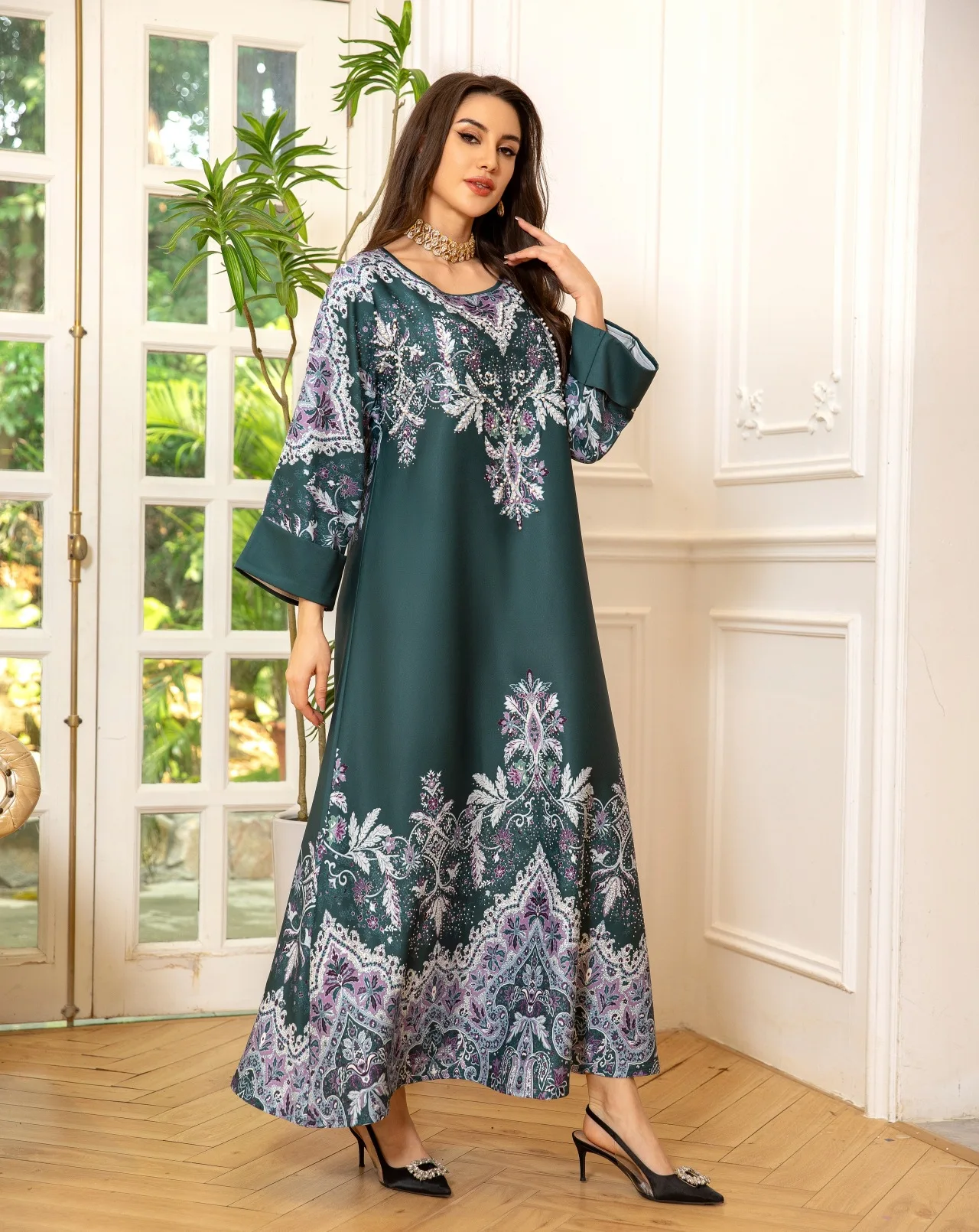 Jalabiya-Robe de soirée arabe à manches longues pour femmes, caftan, vêtements islamiques, perles imprimées, caftan du golfe de Dubaï, Abaya, Ramadan, Eid