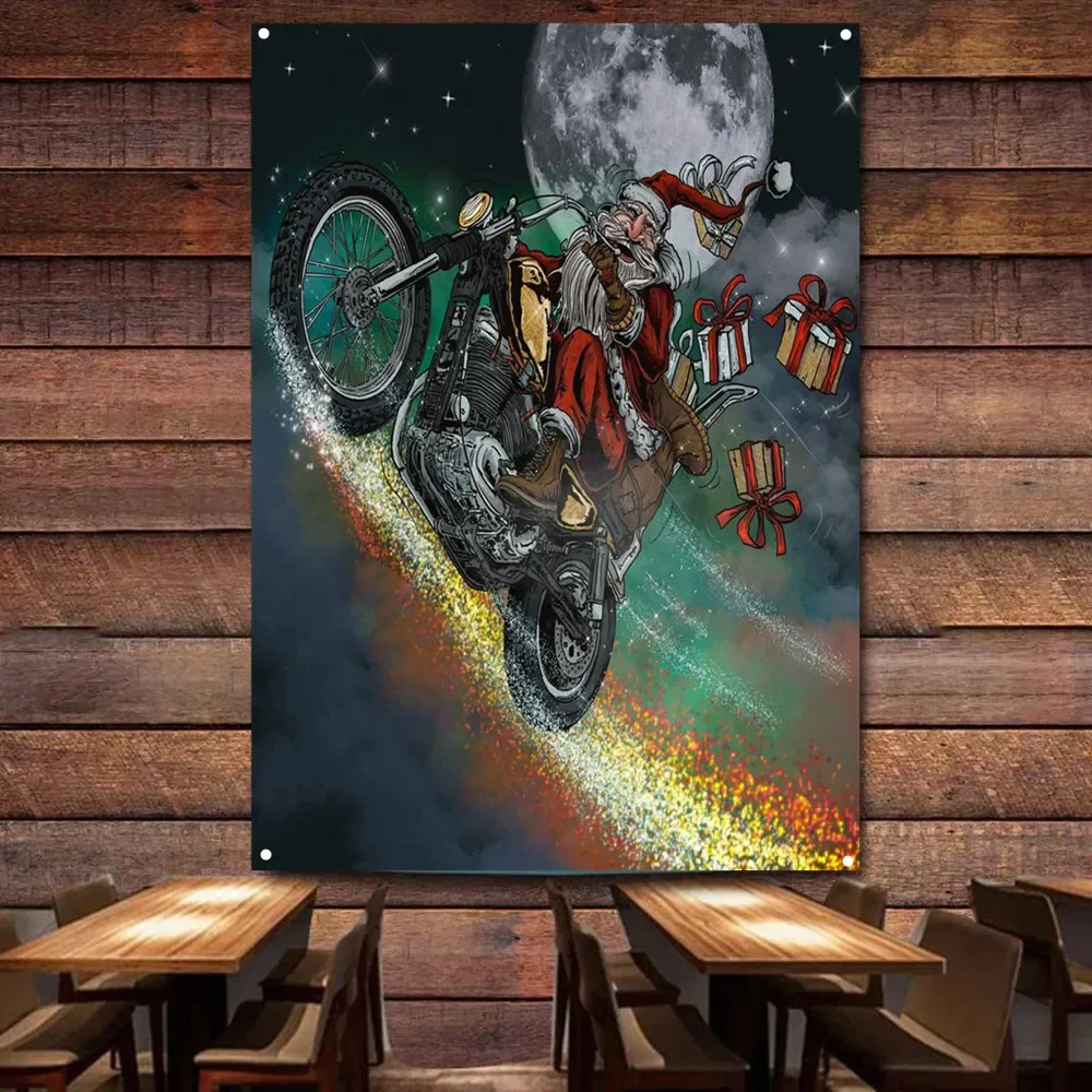 

Santa Claus riding a motorcycle Vintage Decor Banner Painting for Garage Gas Station Man Cave Auto Repair Shop Home Decor Poster