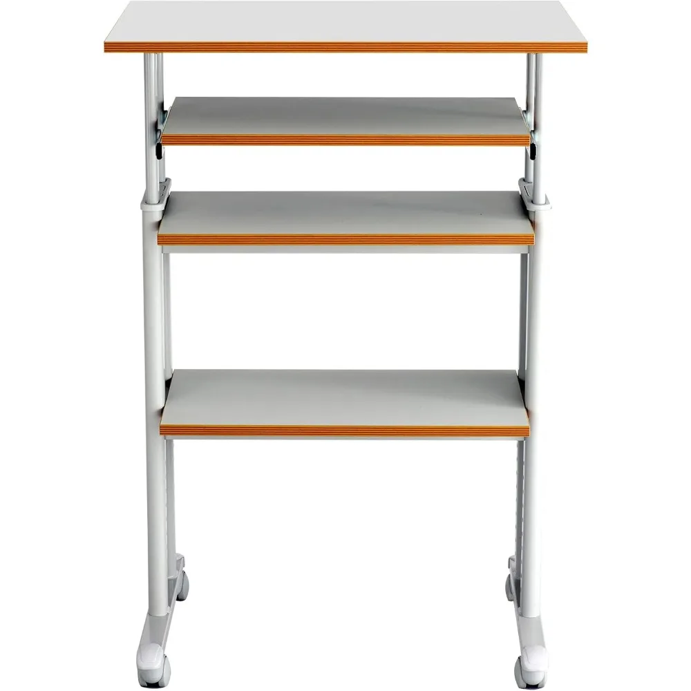 Adjustable-Height Desk with Keyboard Shelf, Steel Frame, Laminate Work Surface, Mobile on 4 Wheels, Powder Coat Finish