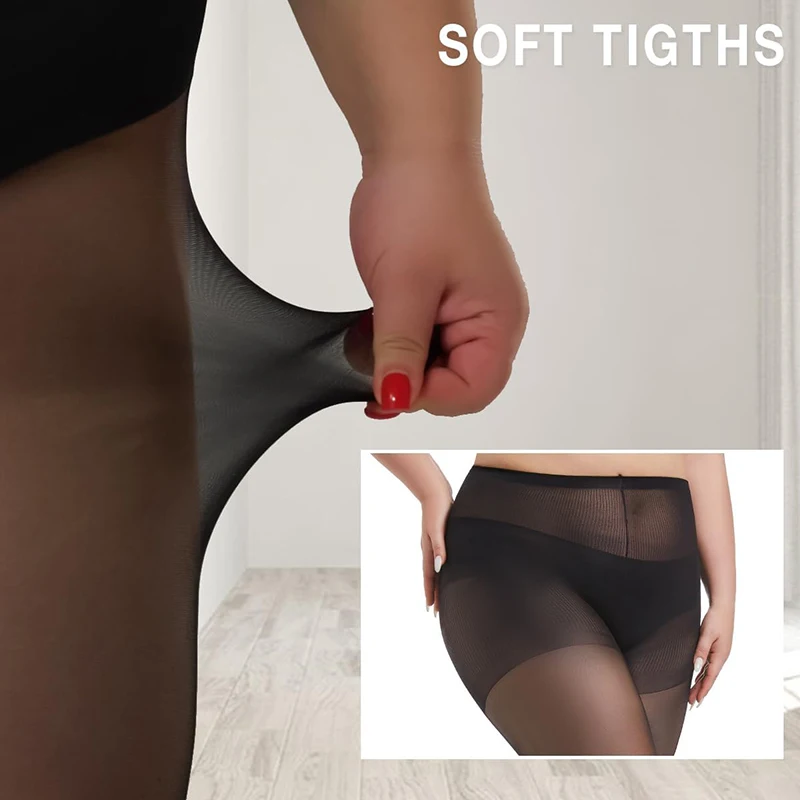 3 Pairs Plus Size Sheer Tights for Women -  Black Tights Control Top Pantyhose with Reinforced Toes, Supple Feel