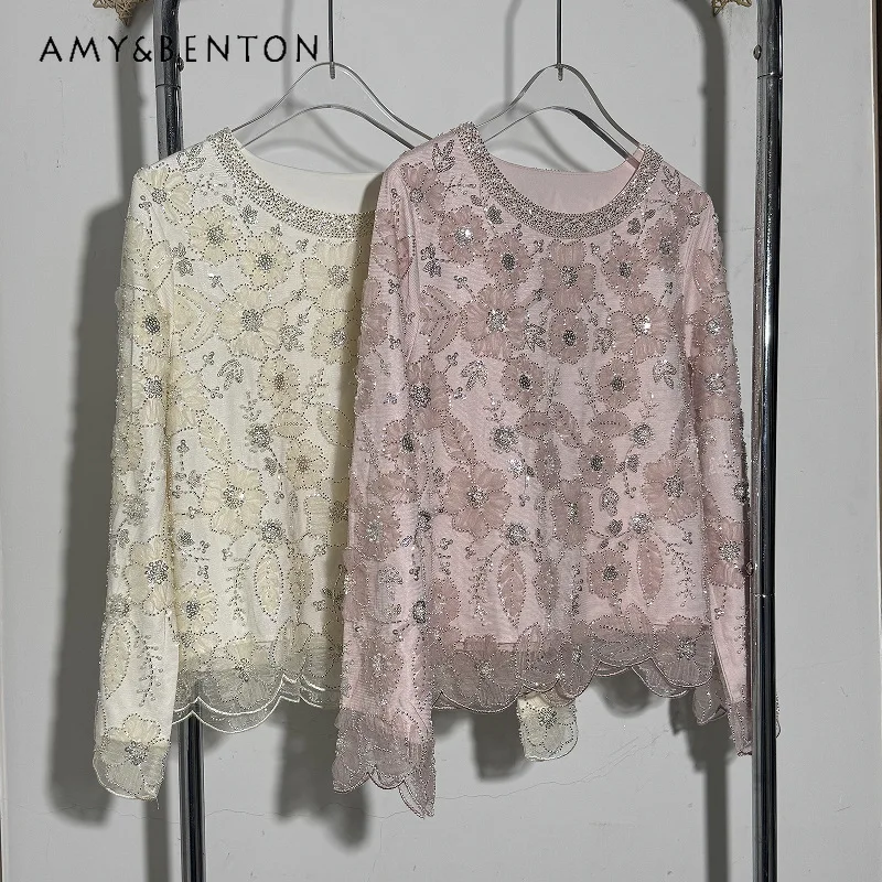 

Новая женская блузка с плюшевым цветочным узором, круглым вырезом, длинными рукавами, универсальная, с жемчугом, бисером и пайетками, кружевной дизайн, весна 2026