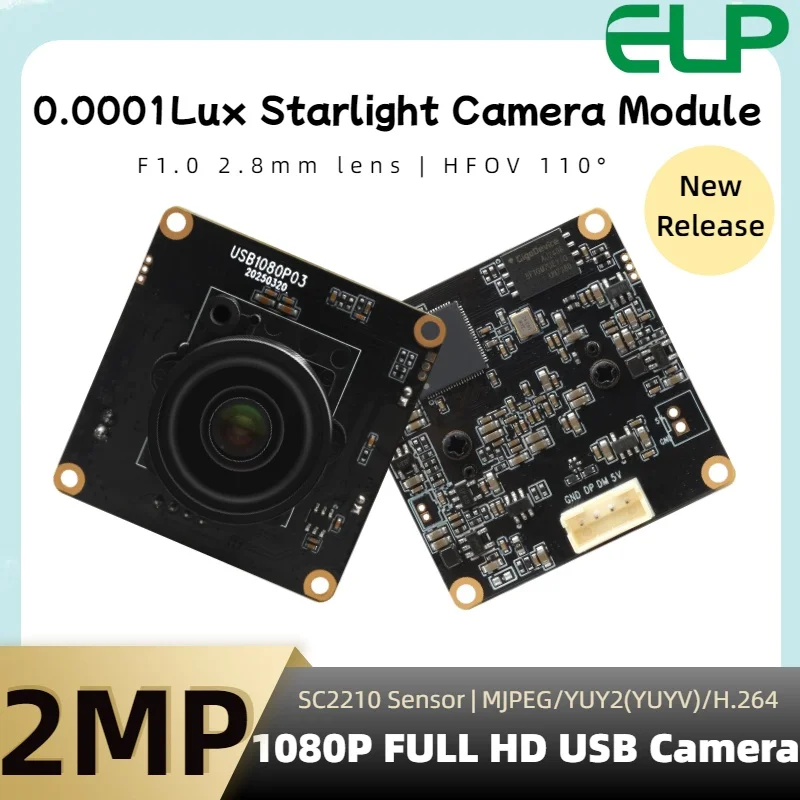 

ELP 0.0001lux Low Light USB Camera 1080P FHD 110degree Wide Angle Camera Module H.264 SC2210 Sensor for 24 hour surveillance