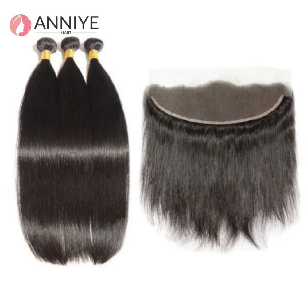 

3 Bundles With 13x4 Lace Frontal Straight 100% Human Hair For Women Hair Extension 13x4 Lace Frontal Hair Weave Remy Hair ANNIYE