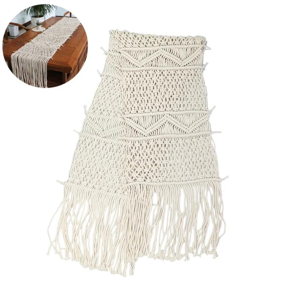 32X200CM Hollow Out Macrame Table Runner Handwoven Boho Table Runner With Tassel