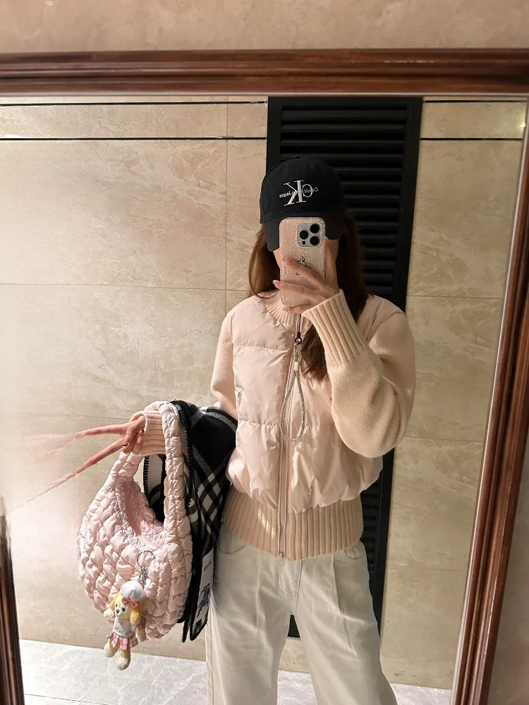 

Pink Knitted Splicing Cotton Jaet Women's Winter New Sle Age-Defng Versatile Slimming Warm Cotton Top Commute Sle