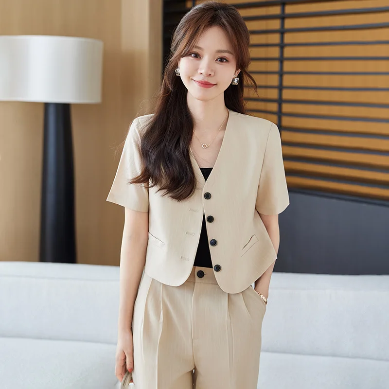 

Apricot Short-Sleeved Suit Women's Collarless Short Thin Suit Coat Casual Business Attire Two-Piece Set