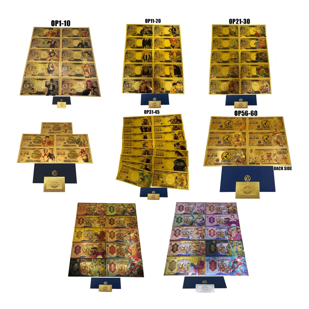 Todos los estilos Bonitos dibujos animados japoneses Anime de colores Billete de una pieza Tarjeta de oro de anime en chapado en oro de 24 k para colección conmemorativa