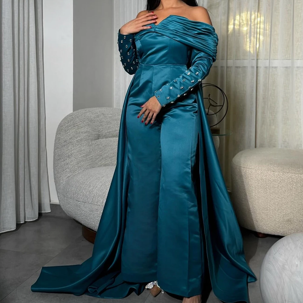 

Customized Formal Crystal Off the Shoulder Satin Evening Dresses Modern Straight Floor Length Boat Neck Long Sleeves Party Dress