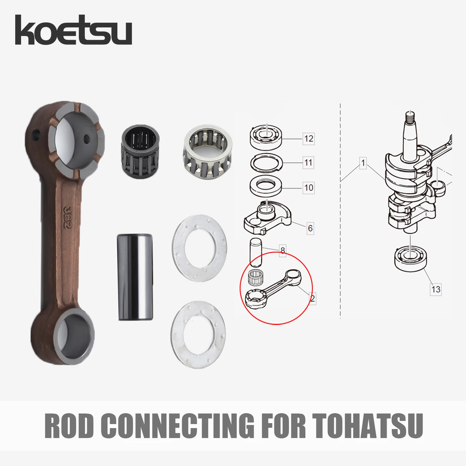 Шатун KOETSU в сборе — для подвесных гребных двигателей TOHATSU (3–40 л.с., 2-тактный)