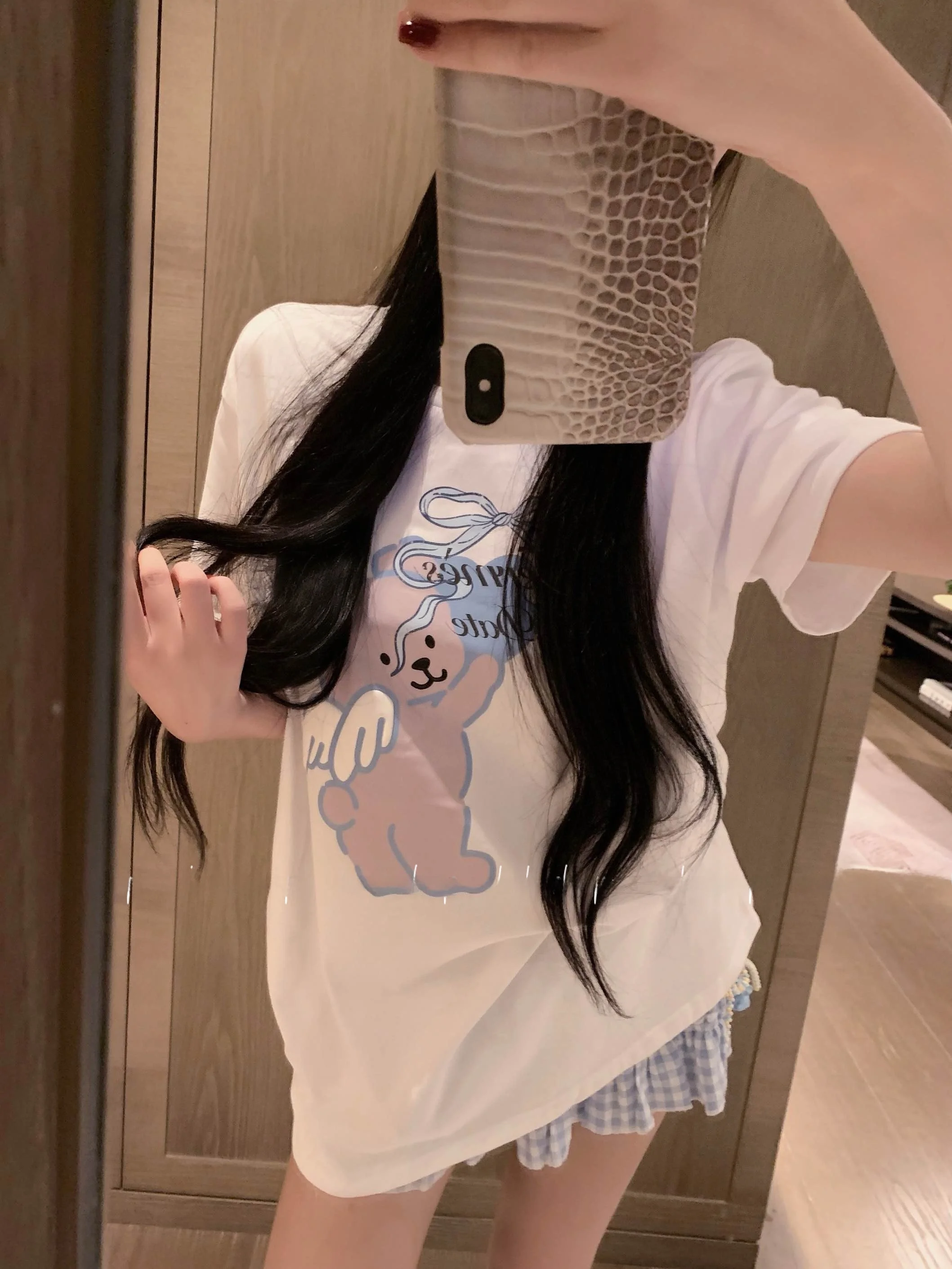 Sweet Korean Style Angel Bear Print T-Shirt Short Sleeve round Neck Mid-Length Half Sleeve Cotton Breathable Women's Top