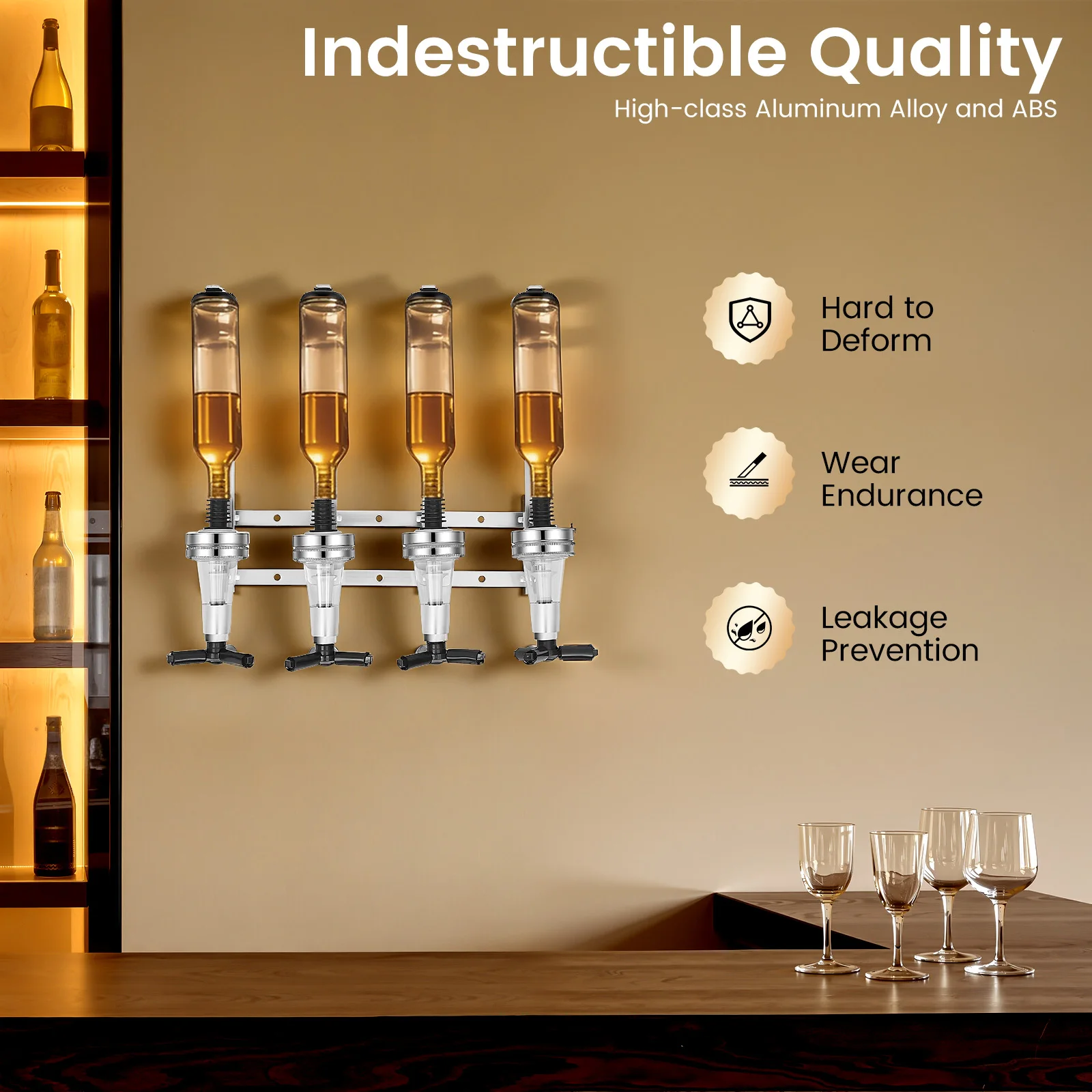 4-Bottle Wall-Mounted Liquor Dispenser – Aluminum Alloy + ABS – 25ml Optics – Spring Telescoping Handle – Anti-Slip Mat – Leak-Proof Valve – 15.35